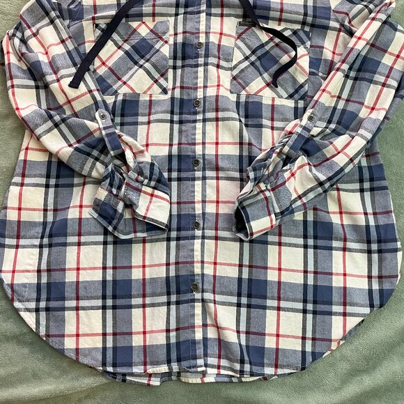 Columbia Flannel Womens XL Red White Blue Plaid Drawstring Button Up Hoodie - Picture 3 of 13
